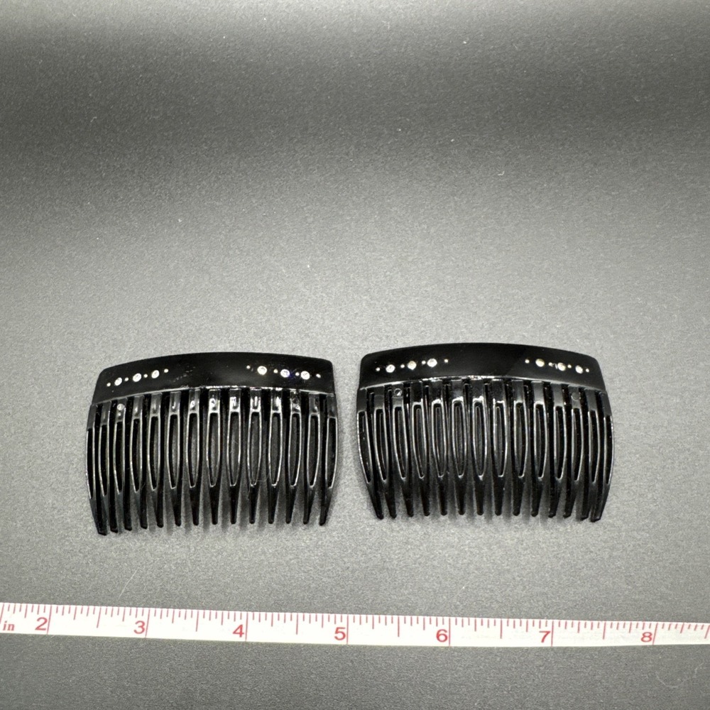 Vintage Black‎ Plastic with Crystal Accents Side Hair Comb - Italy - Set of 2
